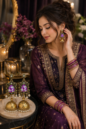 Gold Kashmiri jhumka earrings with purple stone and pearl hanging traditional jewelry Pakistan