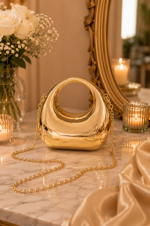 Gold Crescent Mini Bag with Long Chain Strap