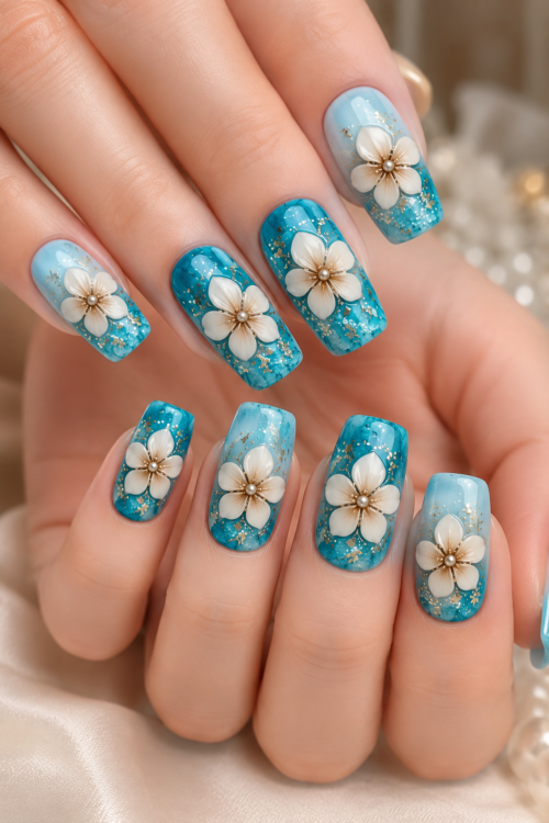Ocean Blue Floral Press-On Nails