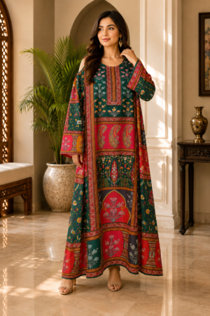 Emerald Green & Red Heritage Printed Kaftan Maxi Dress – UAE