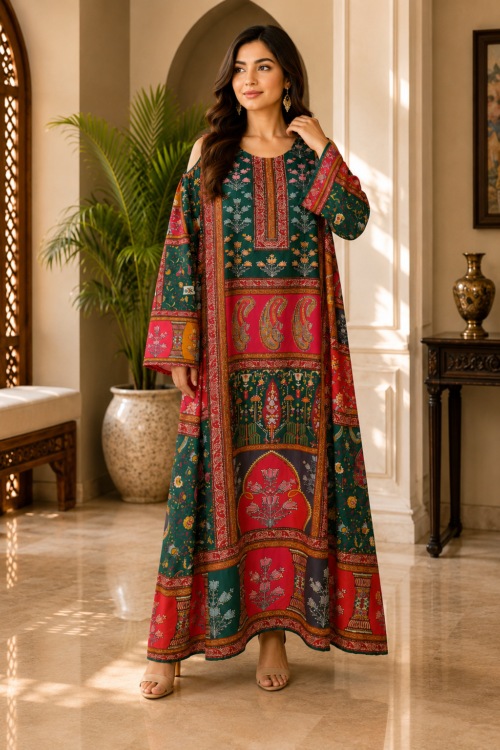 Emerald Green & Red Heritage Printed Kaftan Maxi Dress – UAE