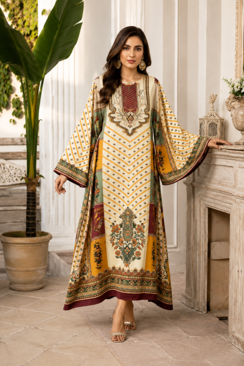 Elegant Ivory Multicolor Printed Kaftan Maxi Dress – UAE