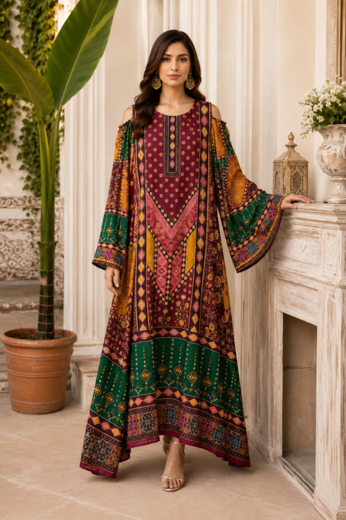 Luxury Burgundy & Emerald Multicolor Printed Kaftan Maxi Dress – UAE