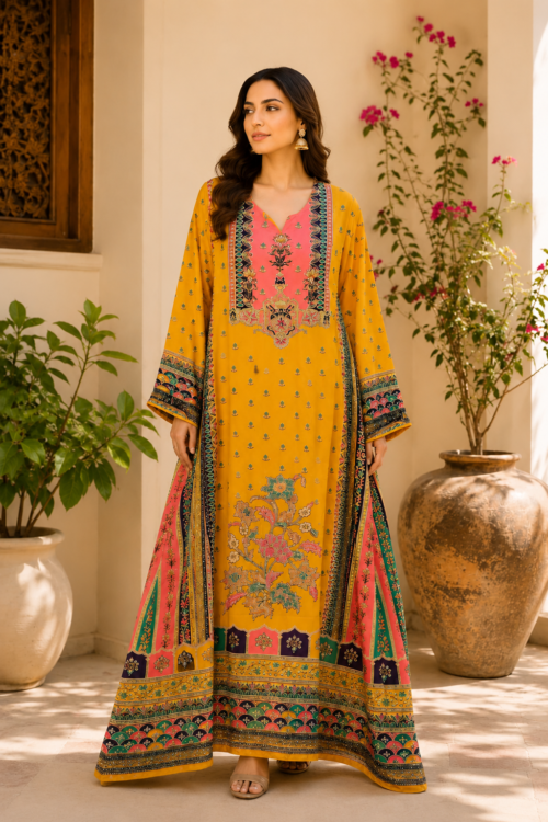Luxury Mustard Multicolor Printed Kaftan Maxi Dress – UAE