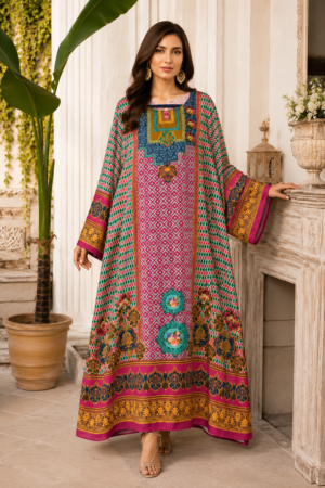 Pink & Emerald Multicolor Heritage Printed Kaftan Maxi Dress – UAE