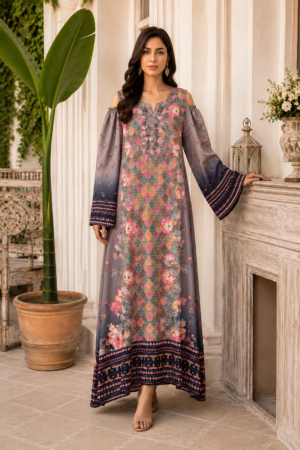 Elegant Grey Multicolor Floral Printed Kaftan Maxi Dress – UAE
