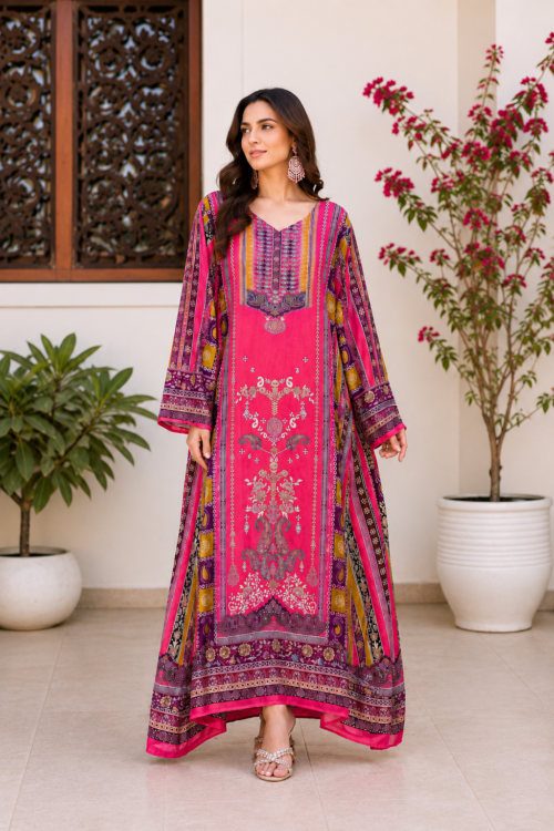 Luxury Pink Multicolor Printed Kaftan Maxi Dress – UAE