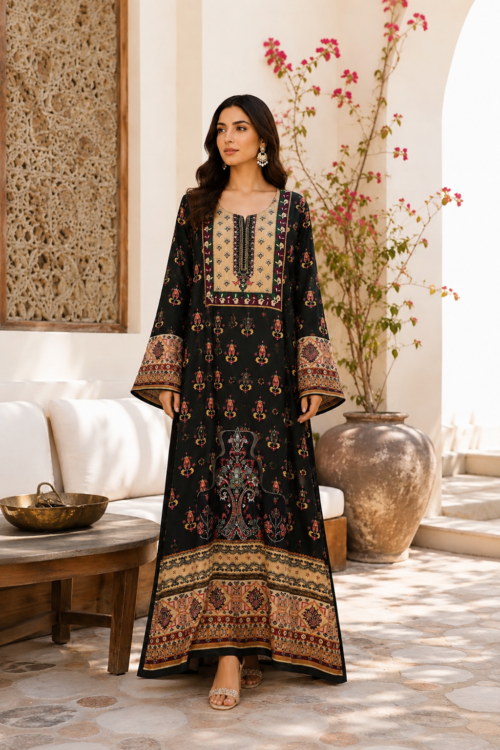 Elegant Black Printed Kaftan Maxi Dress – UAE