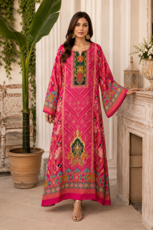 Elegant Grey Multicolor Floral Printed Kaftan Maxi Dress – UAE