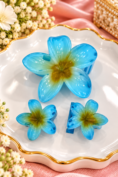 Blue Flower Hair Claw Clips Set for Kids & Girls