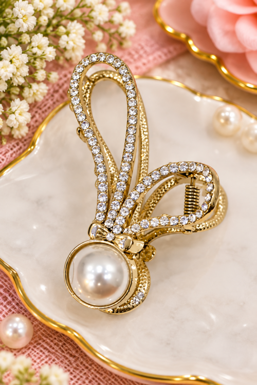 Elegant Gold Pearl Rhinestone Hair Claw Clip